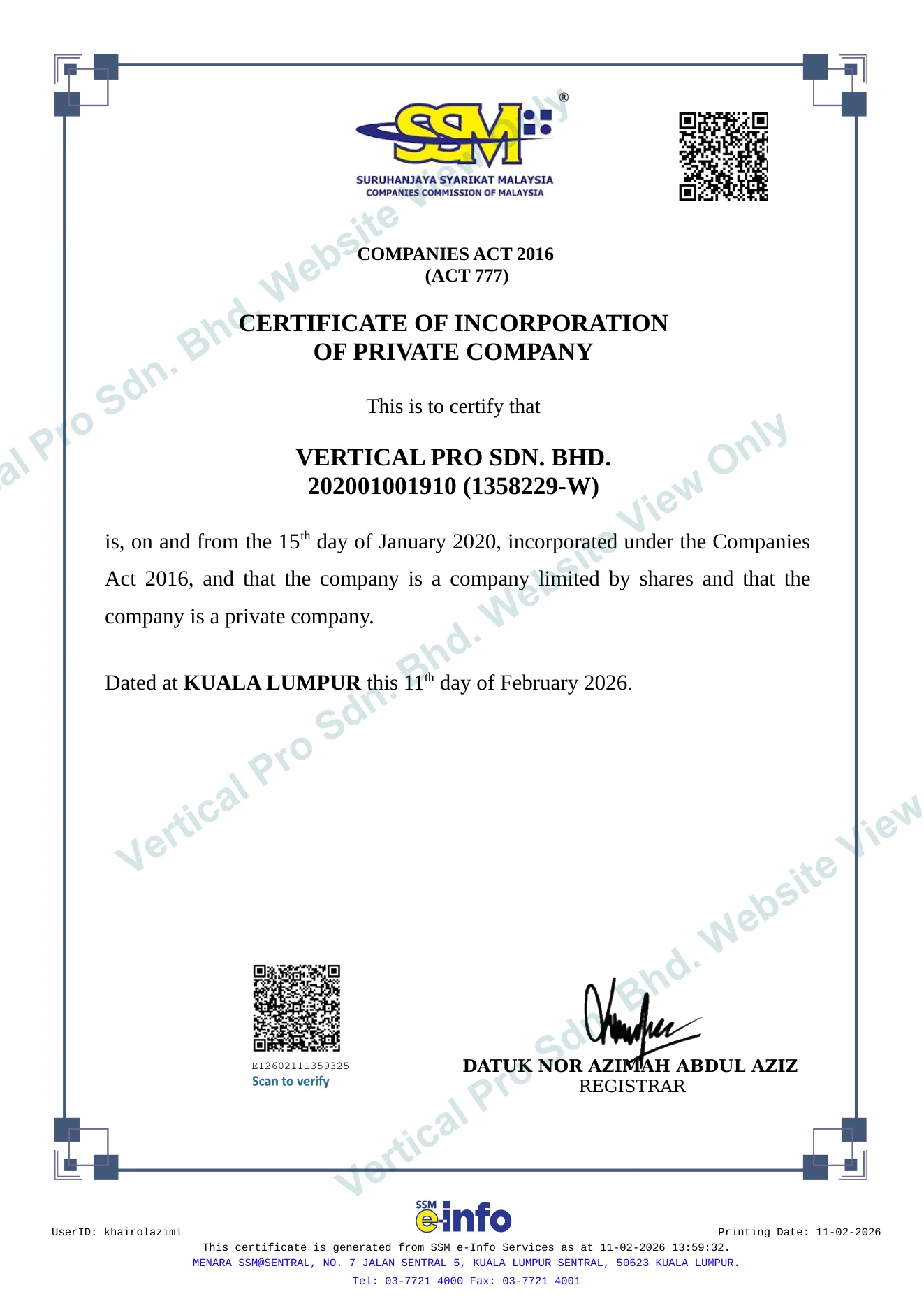 SSM Certificate of Incorporation for Vertical Pro Sdn Bhd