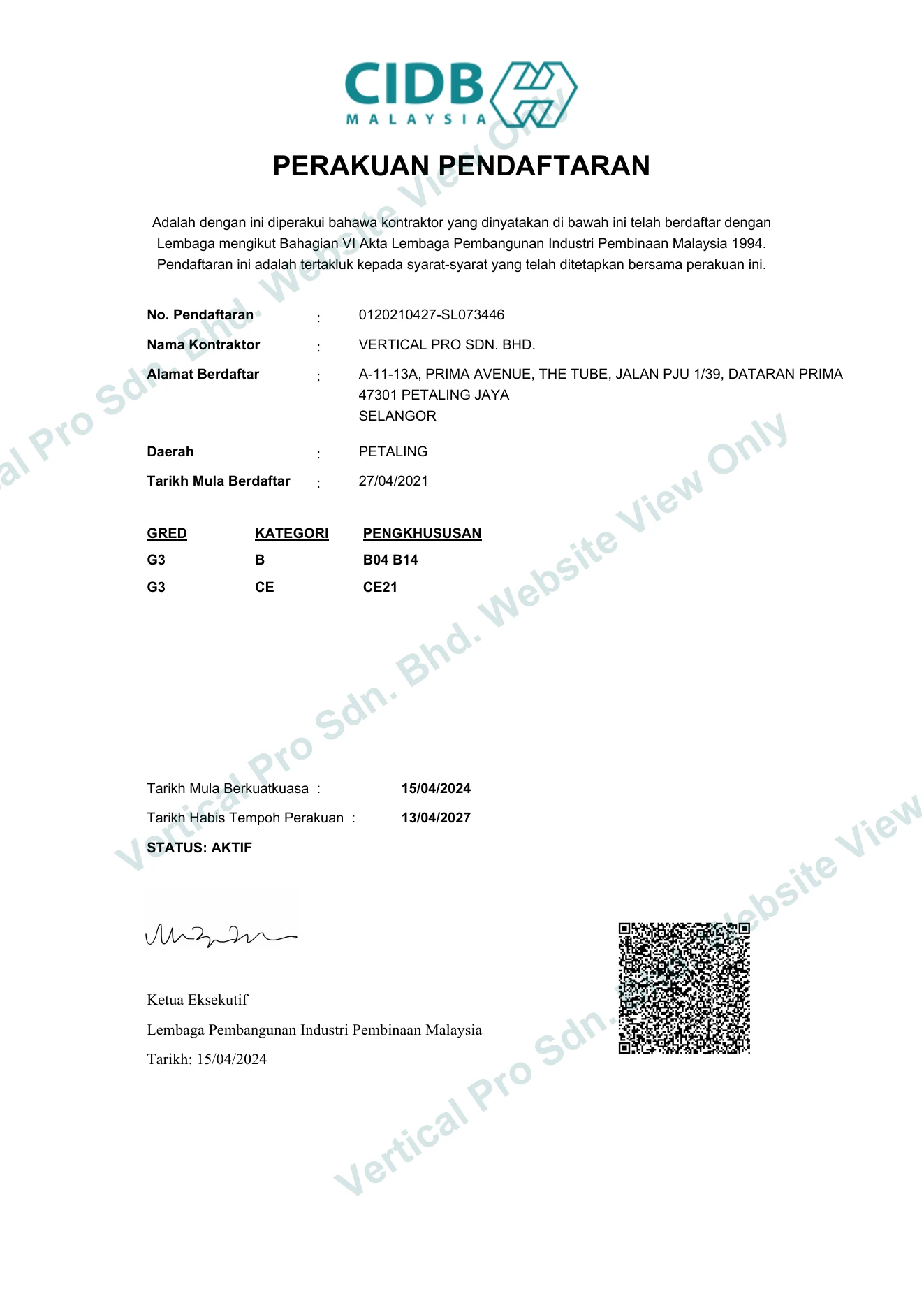 CIDB Malaysia registration certificate for Vertical Pro