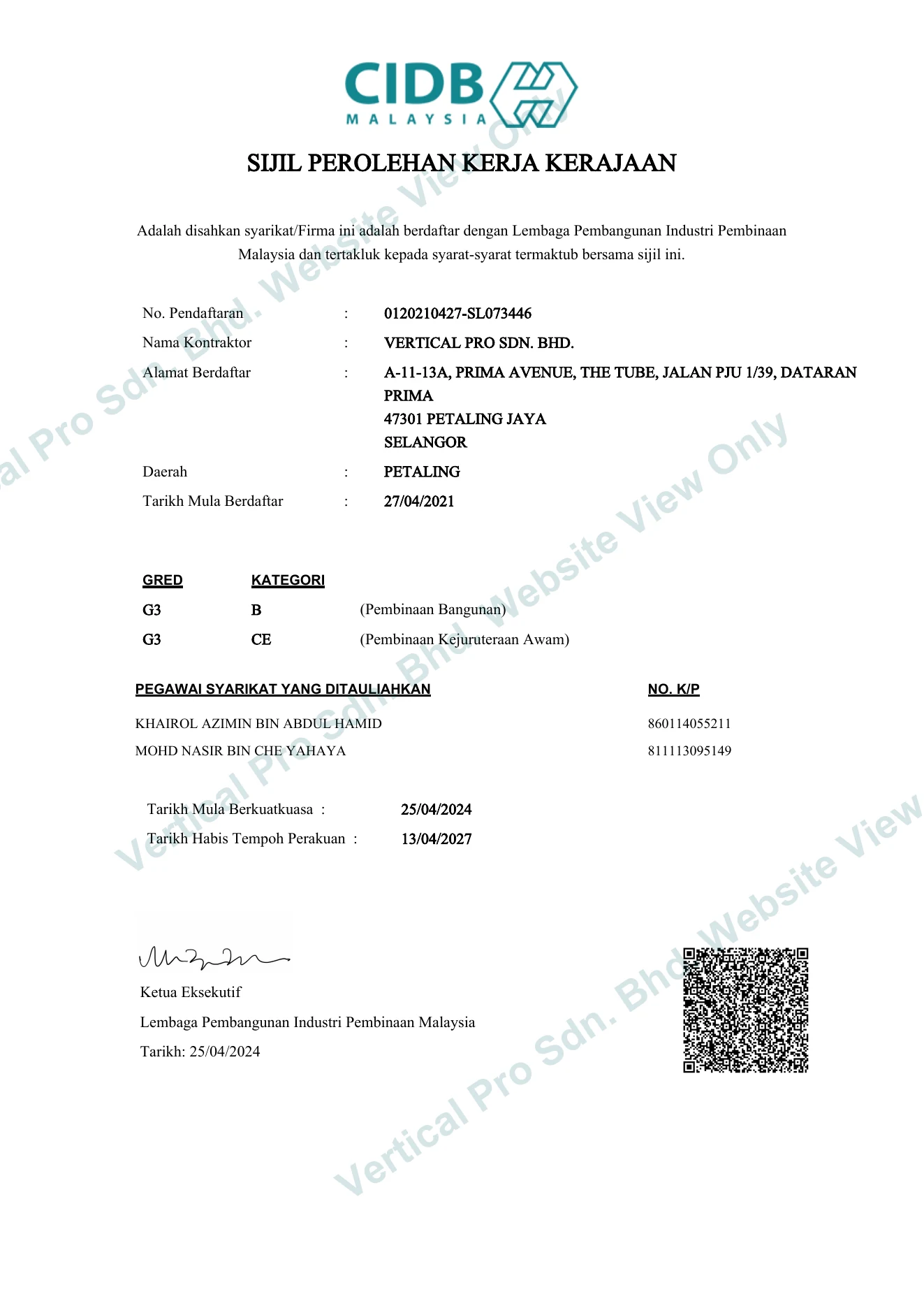 CIDB SPKK government work procurement certificate